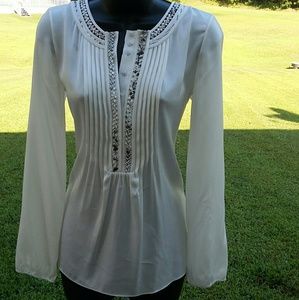 Elie Tahari Cream Silk Blouse with Braided Detail